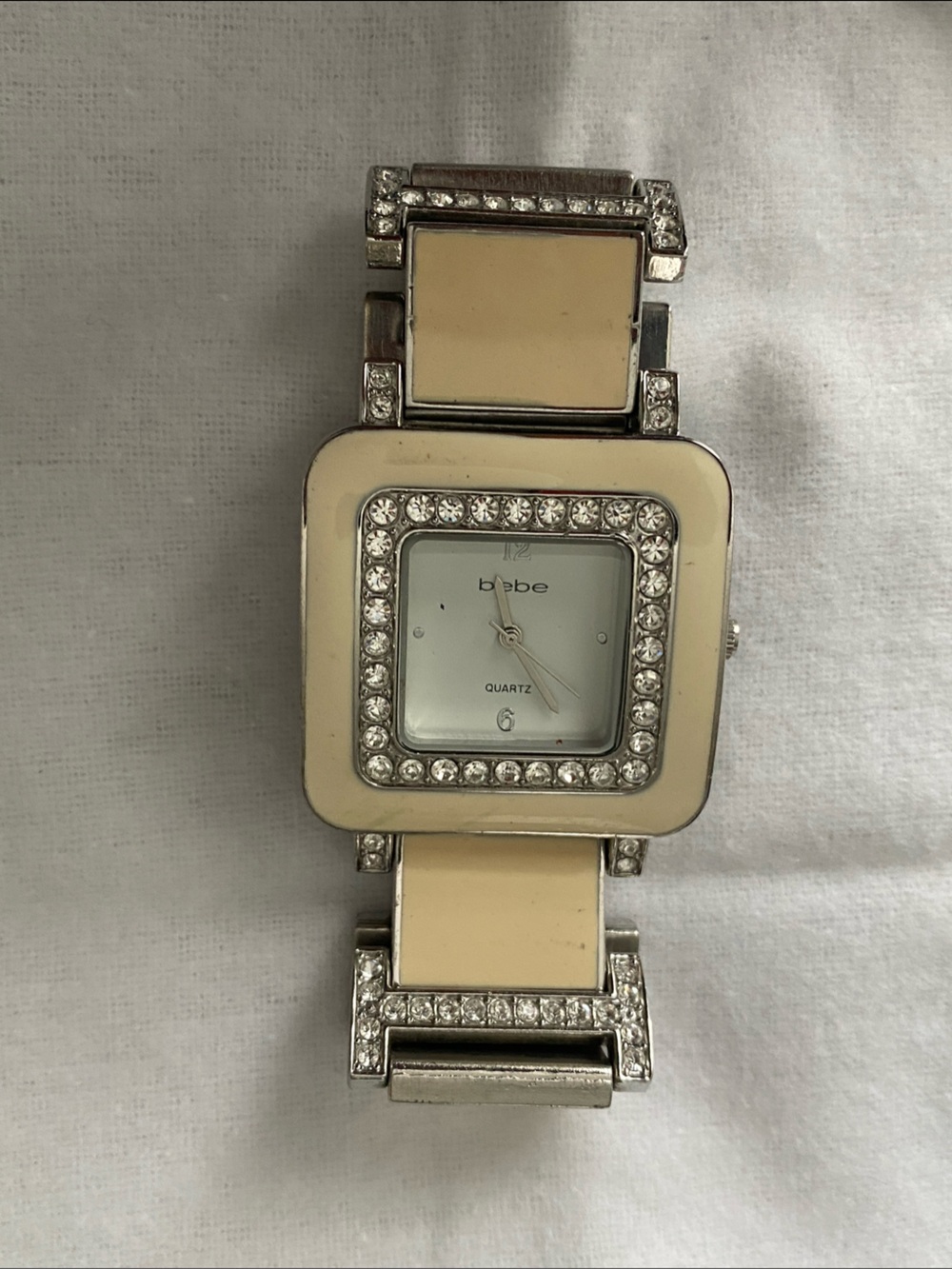 bebe Cream and Silver Crystal Square Women's Watch
